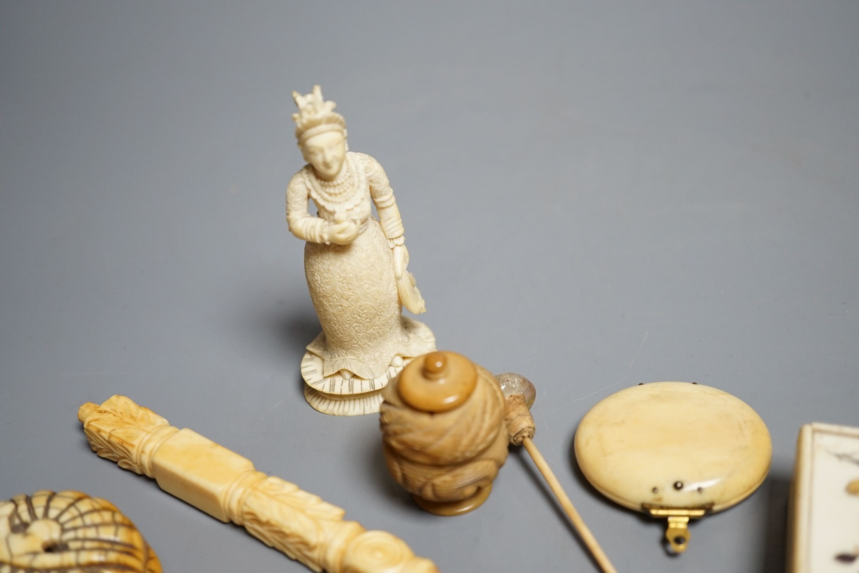 A group of 19th/early 20th century ivory carvings, a shibayama style box, framed miniatures etc